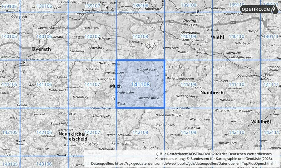 Übersichtskarte des KOSTRA-DWD-2020-Rasterfeldes Nr. 141108