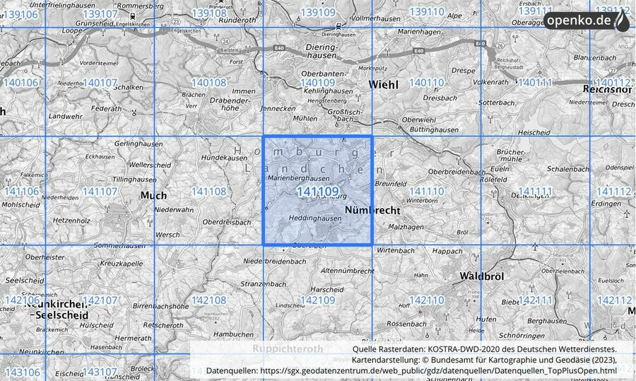 Übersichtskarte des KOSTRA-DWD-2020-Rasterfeldes Nr. 141109