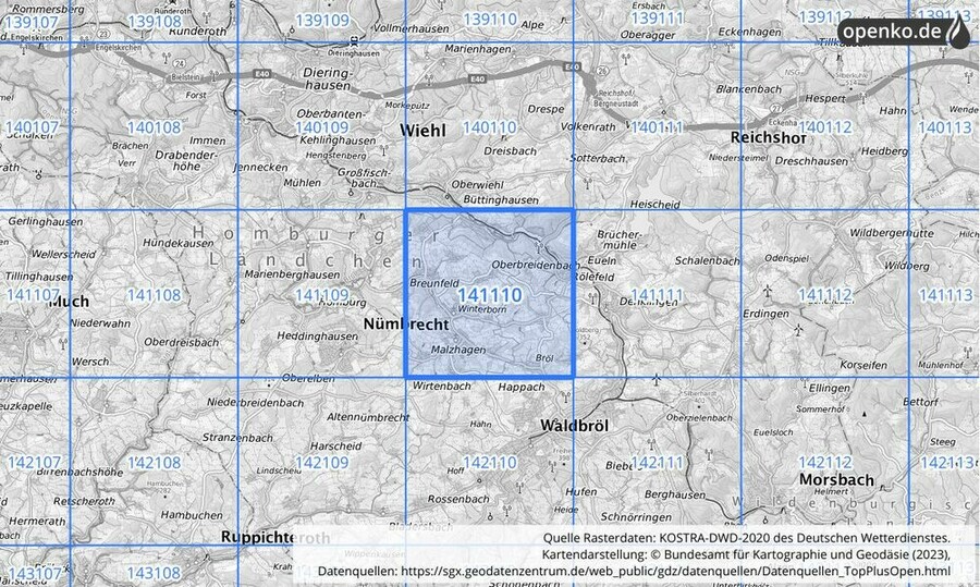 Übersichtskarte des KOSTRA-DWD-2020-Rasterfeldes Nr. 141110