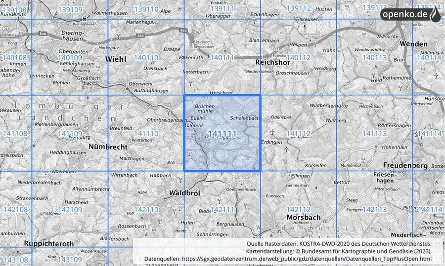 Übersichtskarte des KOSTRA-DWD-2020-Rasterfeldes Nr. 141111