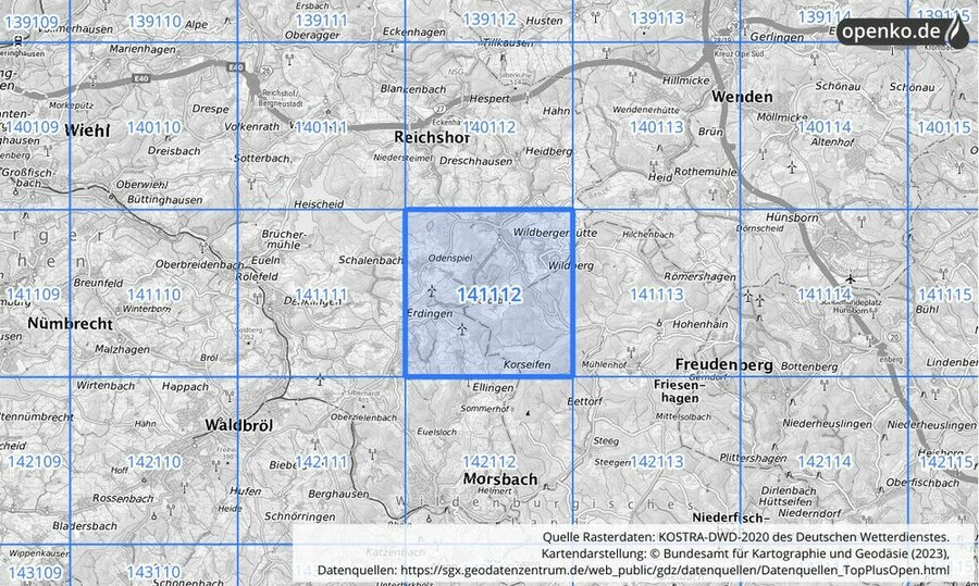 Übersichtskarte des KOSTRA-DWD-2020-Rasterfeldes Nr. 141112