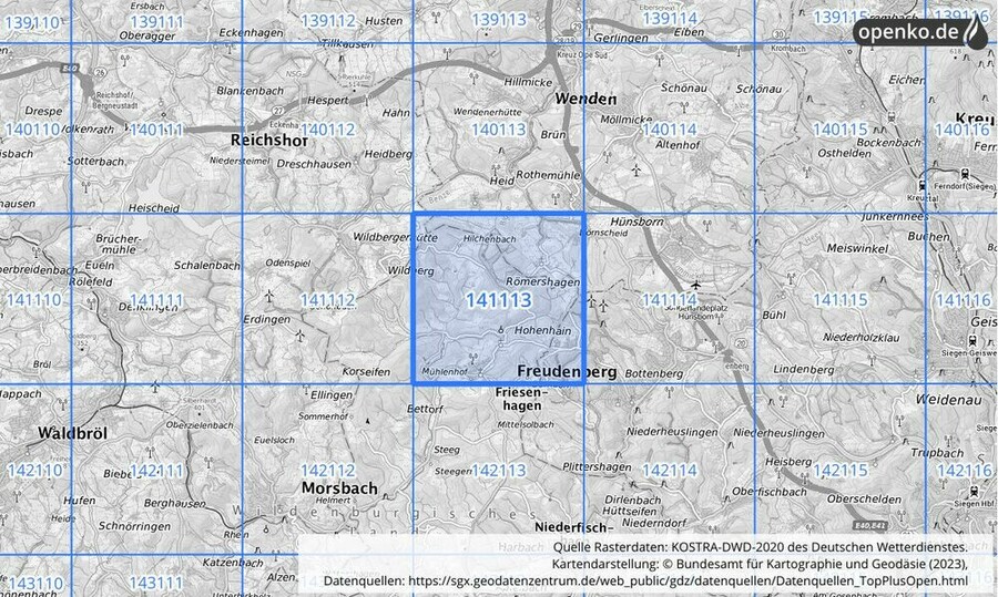 Übersichtskarte des KOSTRA-DWD-2020-Rasterfeldes Nr. 141113