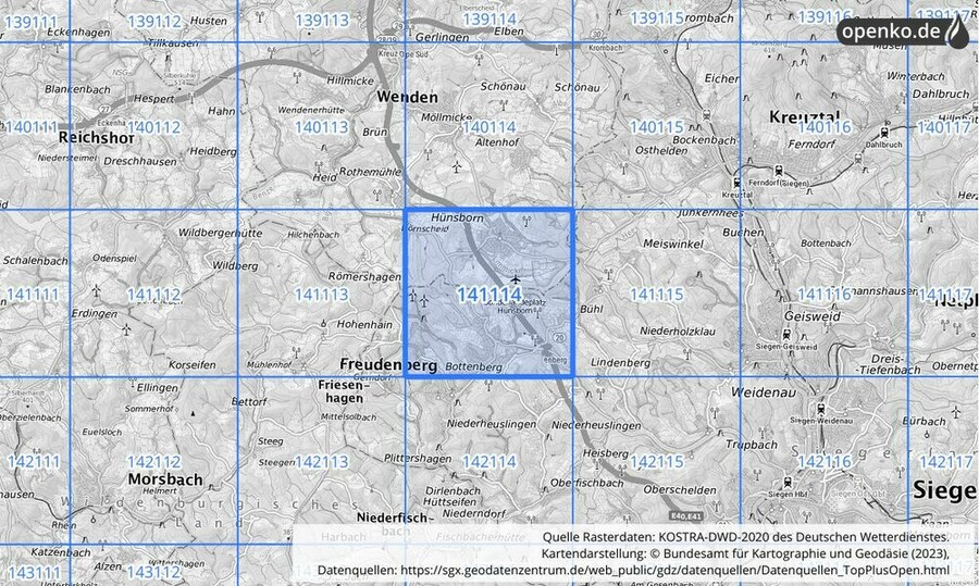 Übersichtskarte des KOSTRA-DWD-2020-Rasterfeldes Nr. 141114