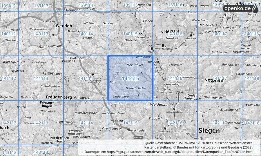 Übersichtskarte des KOSTRA-DWD-2020-Rasterfeldes Nr. 141115