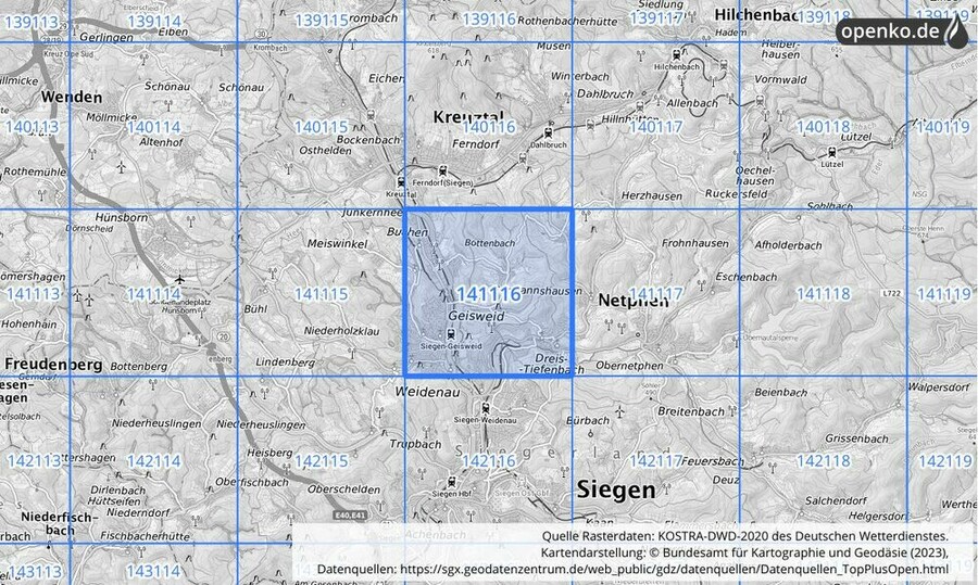 Übersichtskarte des KOSTRA-DWD-2020-Rasterfeldes Nr. 141116