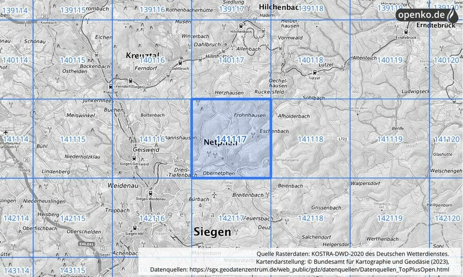 Übersichtskarte des KOSTRA-DWD-2020-Rasterfeldes Nr. 141117