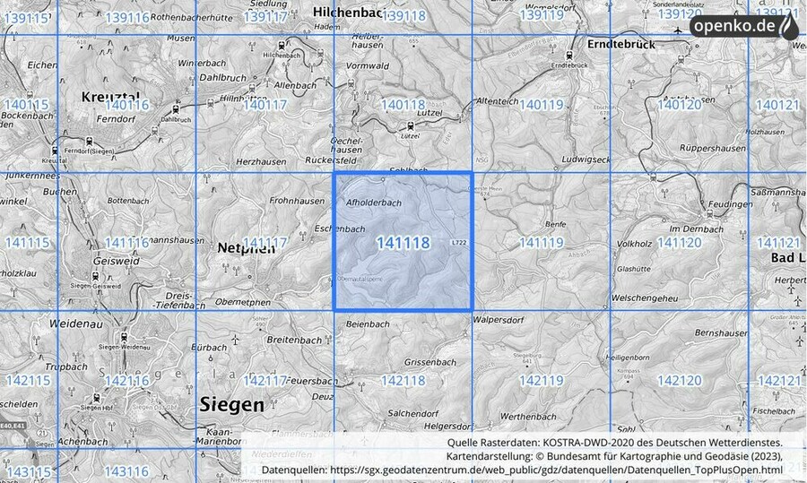 Übersichtskarte des KOSTRA-DWD-2020-Rasterfeldes Nr. 141118