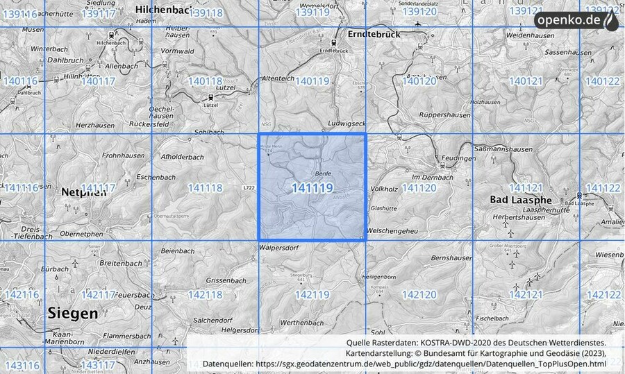 Übersichtskarte des KOSTRA-DWD-2020-Rasterfeldes Nr. 141119