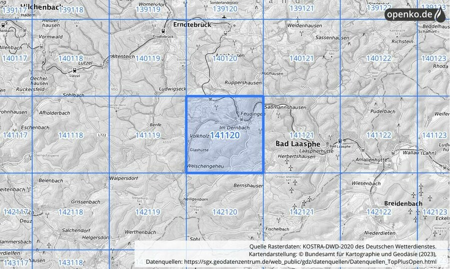 Übersichtskarte des KOSTRA-DWD-2020-Rasterfeldes Nr. 141120