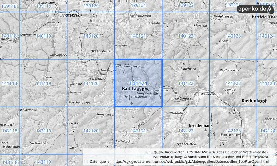 Übersichtskarte des KOSTRA-DWD-2020-Rasterfeldes Nr. 141121