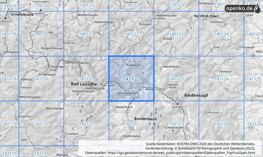 Übersichtskarte des KOSTRA-DWD-2020-Rasterfeldes Nr. 141122