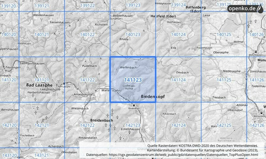 Übersichtskarte des KOSTRA-DWD-2020-Rasterfeldes Nr. 141123