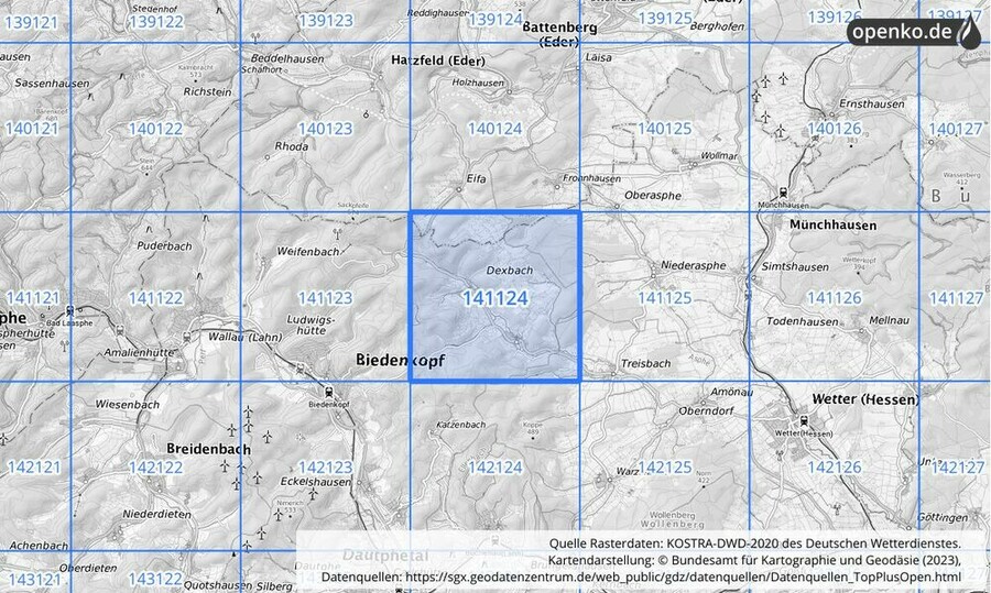 Übersichtskarte des KOSTRA-DWD-2020-Rasterfeldes Nr. 141124