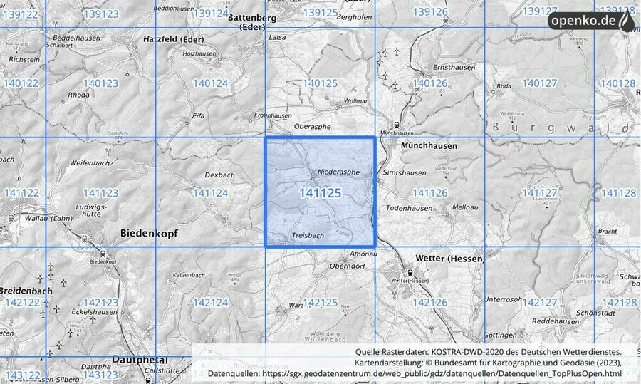 Übersichtskarte des KOSTRA-DWD-2020-Rasterfeldes Nr. 141125