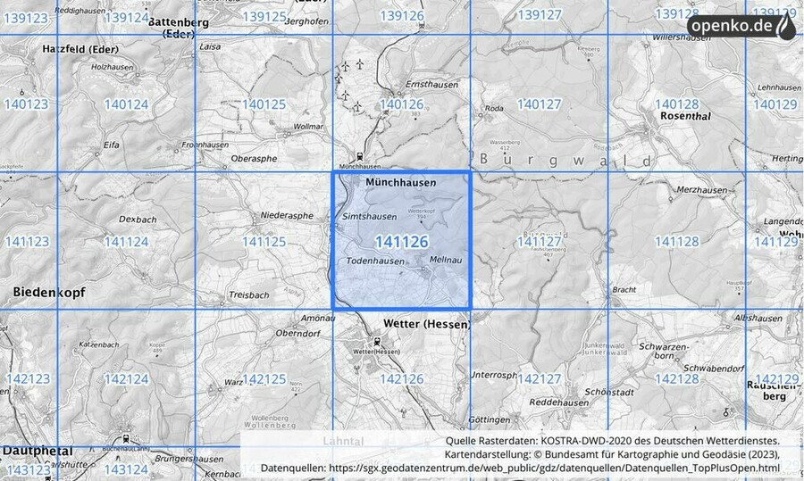 Übersichtskarte des KOSTRA-DWD-2020-Rasterfeldes Nr. 141126