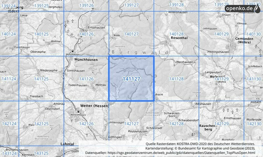 Übersichtskarte des KOSTRA-DWD-2020-Rasterfeldes Nr. 141127