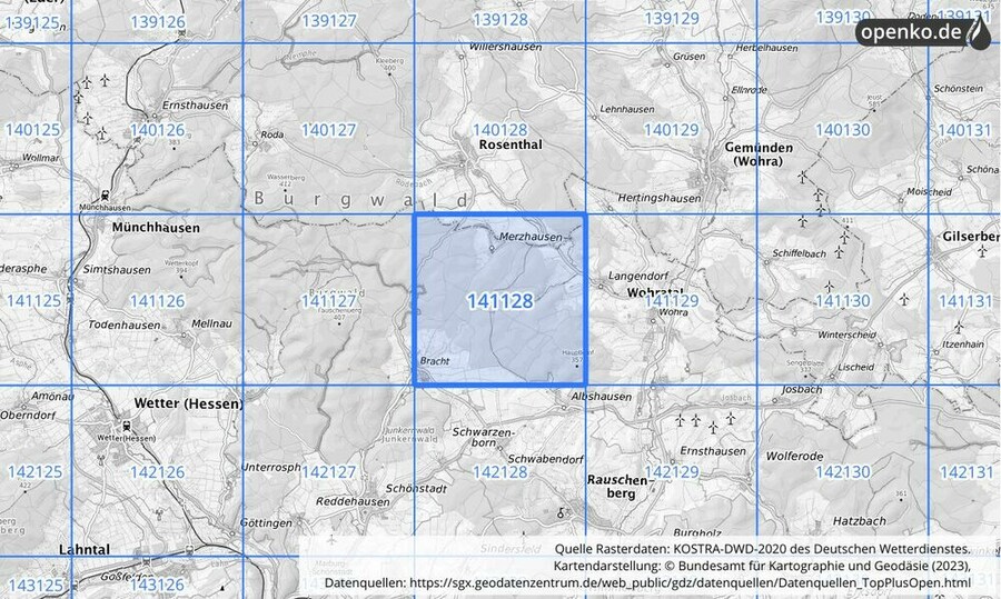 Übersichtskarte des KOSTRA-DWD-2020-Rasterfeldes Nr. 141128