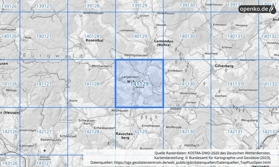 Übersichtskarte des KOSTRA-DWD-2020-Rasterfeldes Nr. 141129