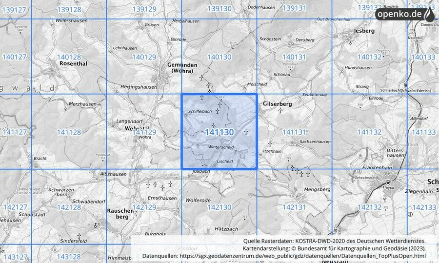 Übersichtskarte des KOSTRA-DWD-2020-Rasterfeldes Nr. 141130