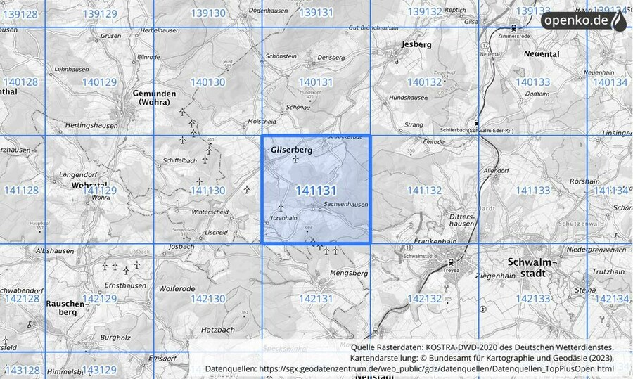 Übersichtskarte des KOSTRA-DWD-2020-Rasterfeldes Nr. 141131