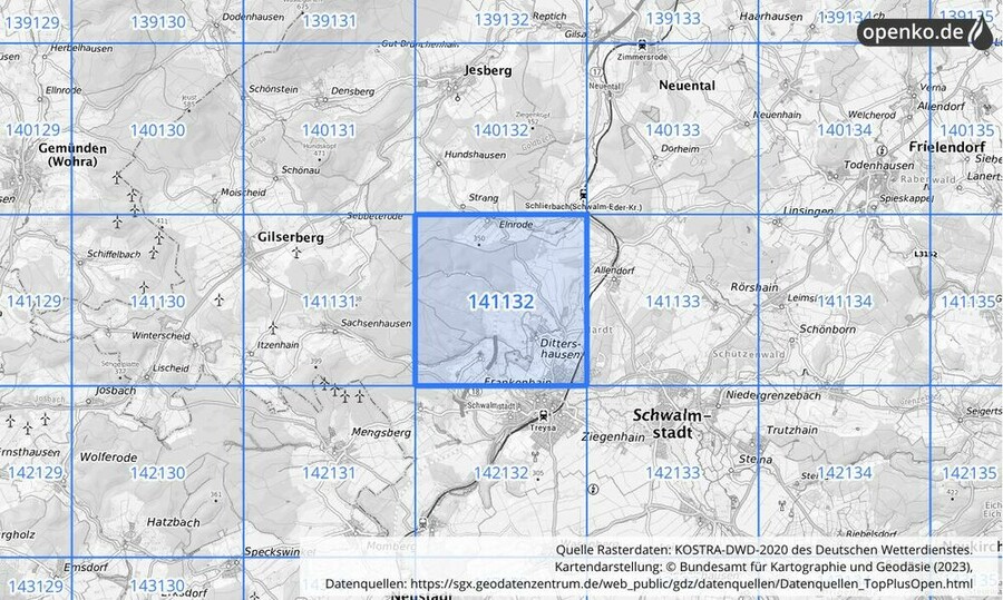 Übersichtskarte des KOSTRA-DWD-2020-Rasterfeldes Nr. 141132