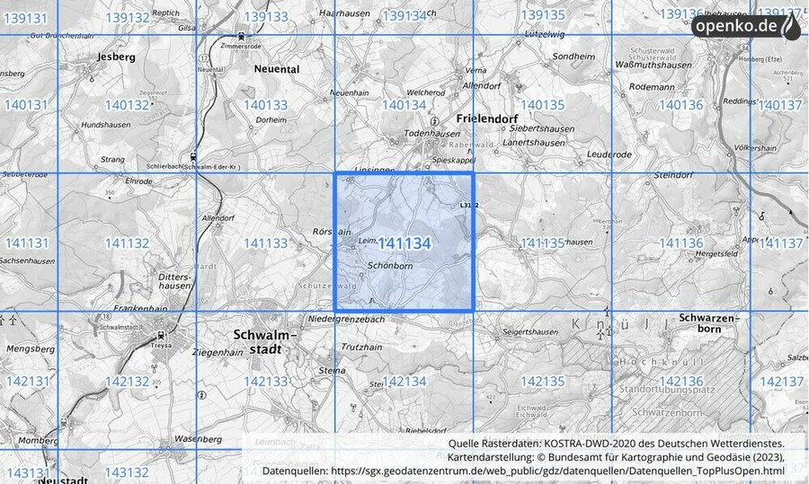 Übersichtskarte des KOSTRA-DWD-2020-Rasterfeldes Nr. 141134