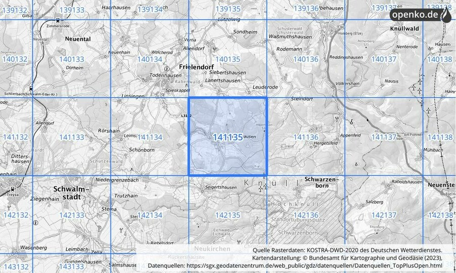 Übersichtskarte des KOSTRA-DWD-2020-Rasterfeldes Nr. 141135