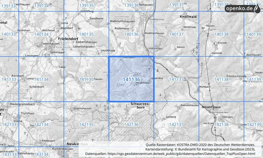 Übersichtskarte des KOSTRA-DWD-2020-Rasterfeldes Nr. 141136