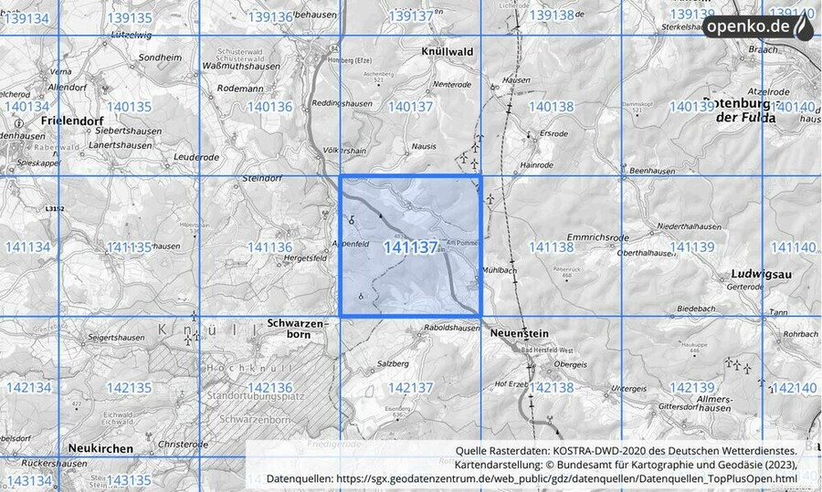 Übersichtskarte des KOSTRA-DWD-2020-Rasterfeldes Nr. 141137