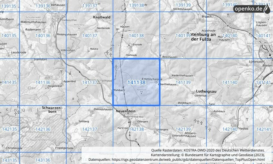 Übersichtskarte des KOSTRA-DWD-2020-Rasterfeldes Nr. 141138