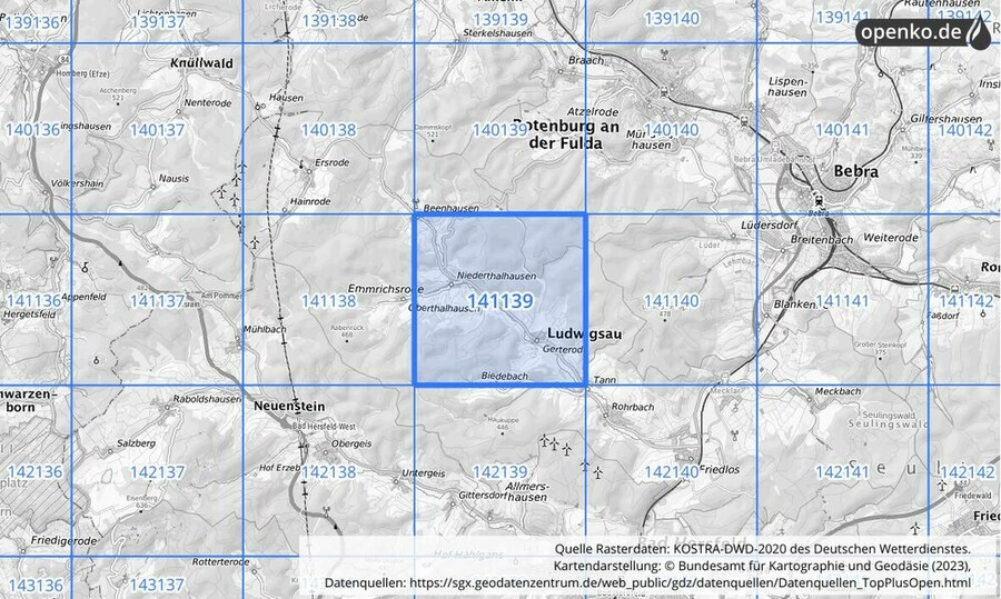 Übersichtskarte des KOSTRA-DWD-2020-Rasterfeldes Nr. 141139