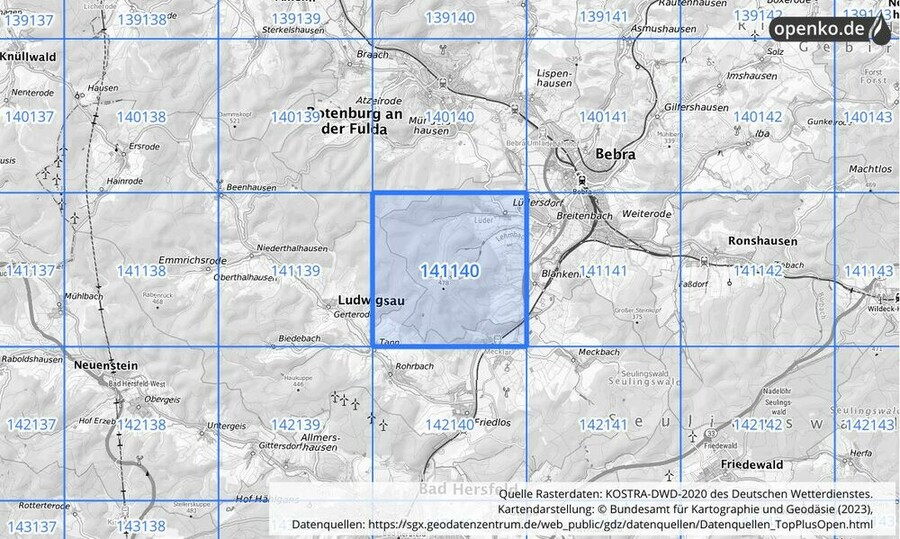 Übersichtskarte des KOSTRA-DWD-2020-Rasterfeldes Nr. 141140