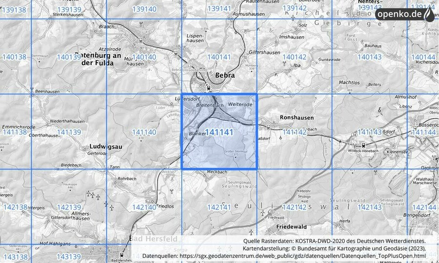 Übersichtskarte des KOSTRA-DWD-2020-Rasterfeldes Nr. 141141