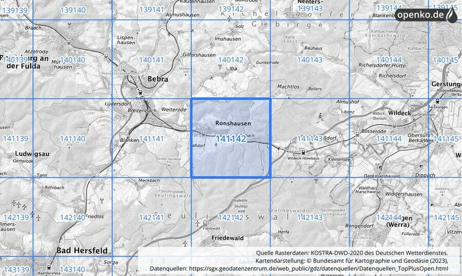 Übersichtskarte des KOSTRA-DWD-2020-Rasterfeldes Nr. 141142