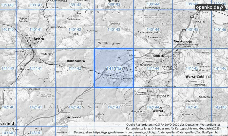 Übersichtskarte des KOSTRA-DWD-2020-Rasterfeldes Nr. 141143