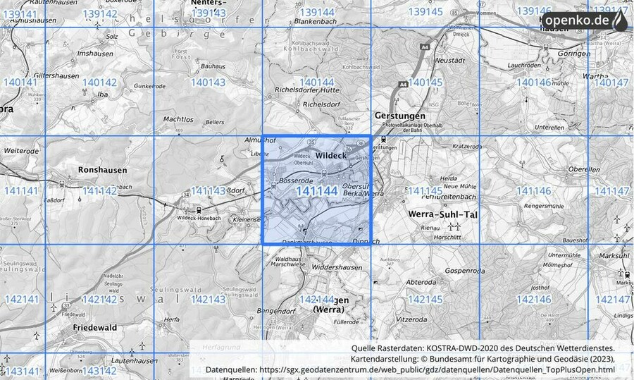 Übersichtskarte des KOSTRA-DWD-2020-Rasterfeldes Nr. 141144