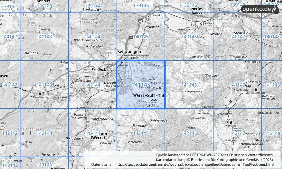 Übersichtskarte des KOSTRA-DWD-2020-Rasterfeldes Nr. 141145