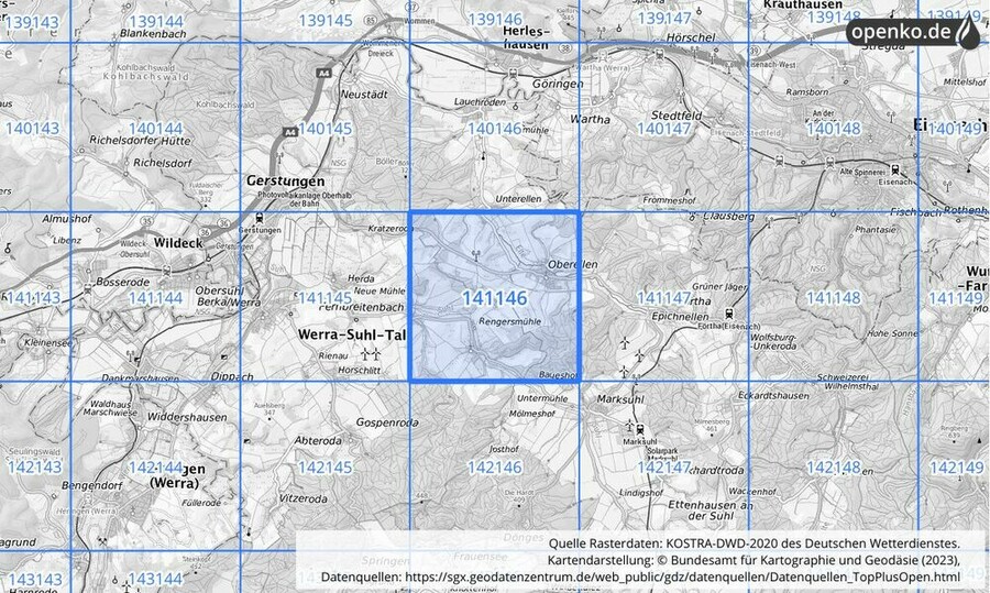 Übersichtskarte des KOSTRA-DWD-2020-Rasterfeldes Nr. 141146