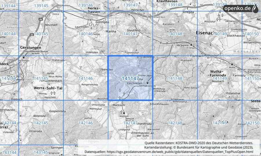 Übersichtskarte des KOSTRA-DWD-2020-Rasterfeldes Nr. 141147