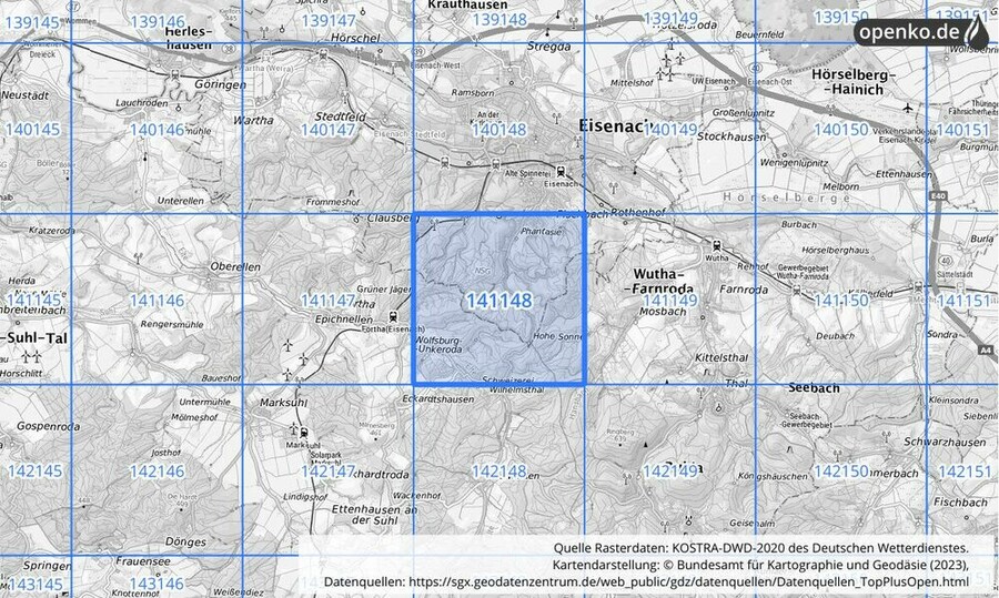 Übersichtskarte des KOSTRA-DWD-2020-Rasterfeldes Nr. 141148