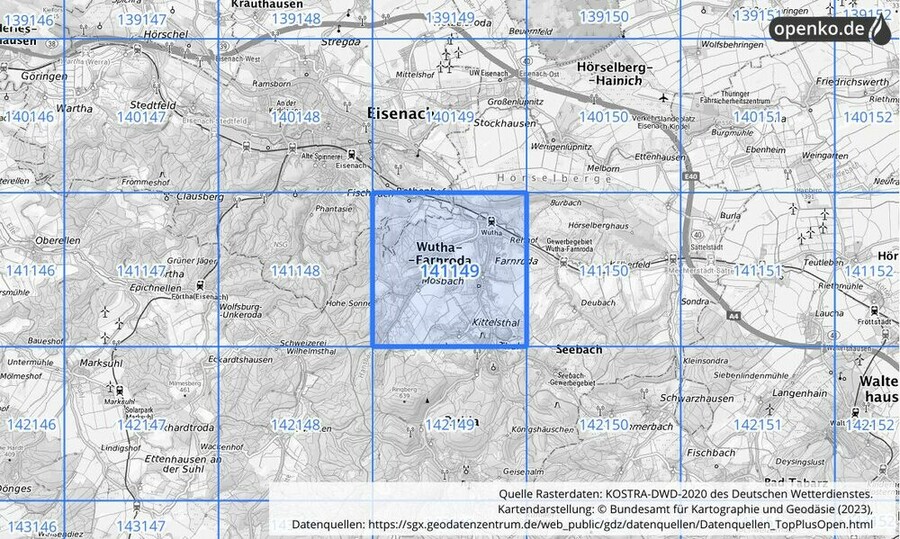 Übersichtskarte des KOSTRA-DWD-2020-Rasterfeldes Nr. 141149