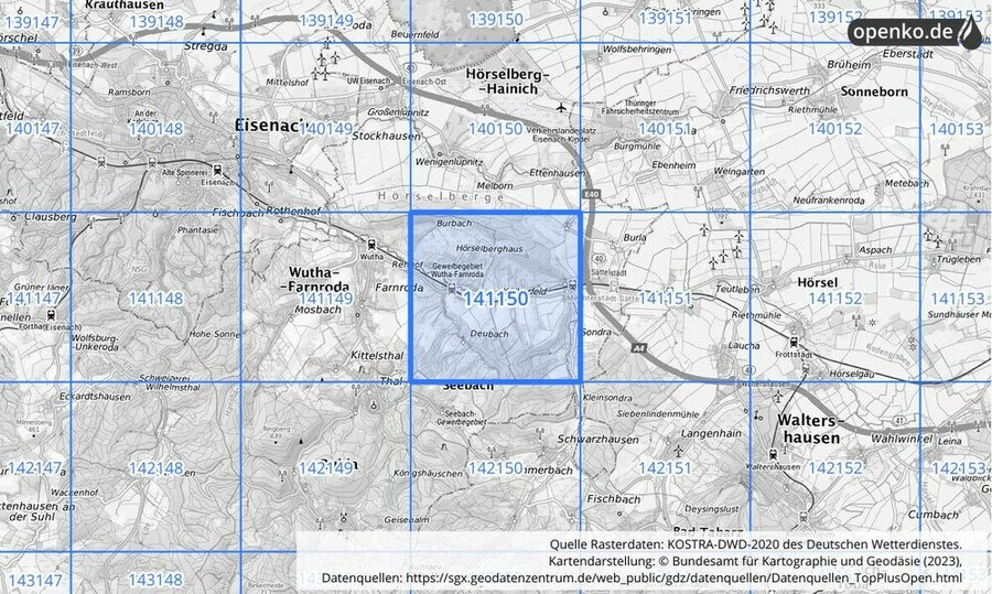 Übersichtskarte des KOSTRA-DWD-2020-Rasterfeldes Nr. 141150