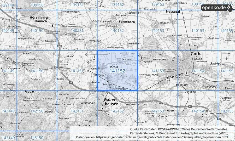 Übersichtskarte des KOSTRA-DWD-2020-Rasterfeldes Nr. 141152