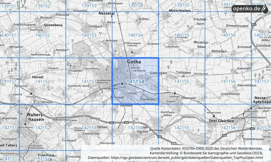 Übersichtskarte des KOSTRA-DWD-2020-Rasterfeldes Nr. 141154