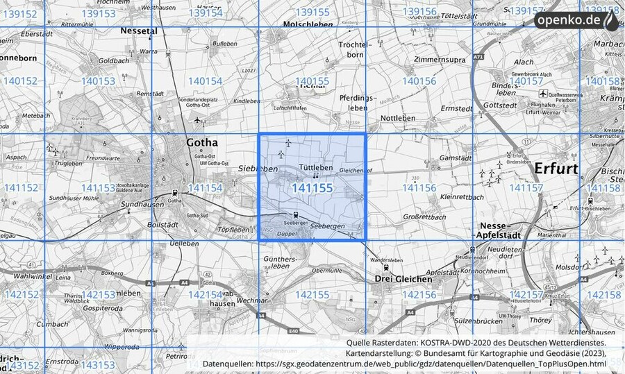 Übersichtskarte des KOSTRA-DWD-2020-Rasterfeldes Nr. 141155