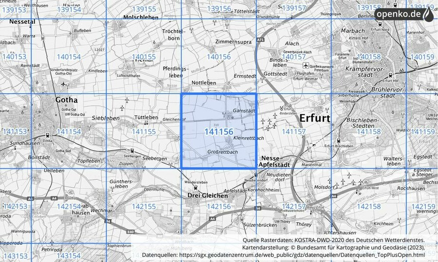 Übersichtskarte des KOSTRA-DWD-2020-Rasterfeldes Nr. 141156