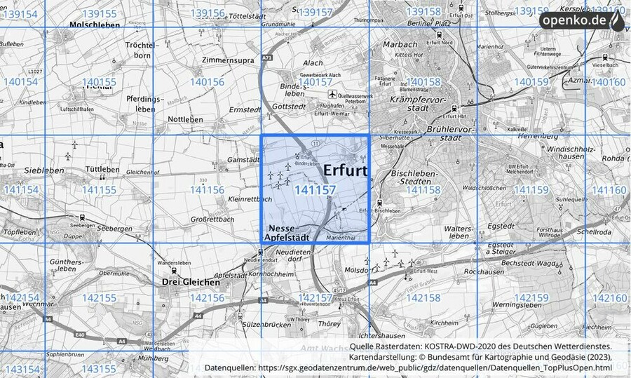 Übersichtskarte des KOSTRA-DWD-2020-Rasterfeldes Nr. 141157