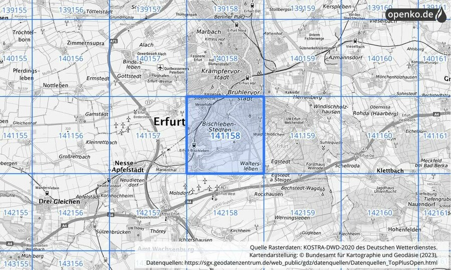 Übersichtskarte des KOSTRA-DWD-2020-Rasterfeldes Nr. 141158