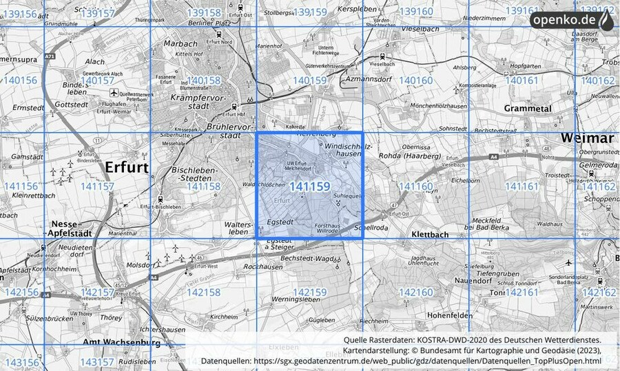 Übersichtskarte des KOSTRA-DWD-2020-Rasterfeldes Nr. 141159