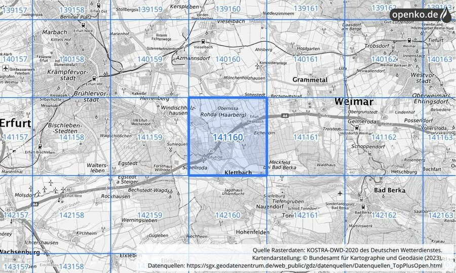 Übersichtskarte des KOSTRA-DWD-2020-Rasterfeldes Nr. 141160